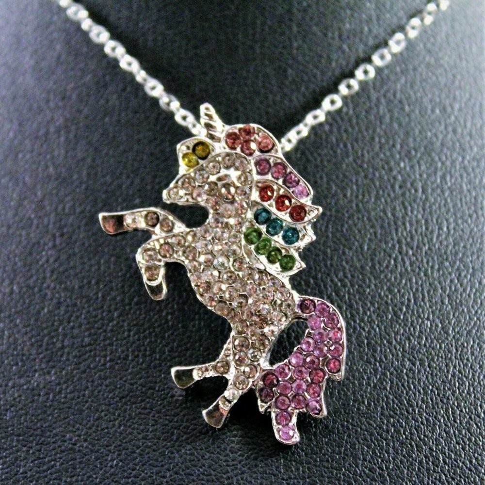 Multi-Colored Rhinestone Unicorn Pendant Necklace